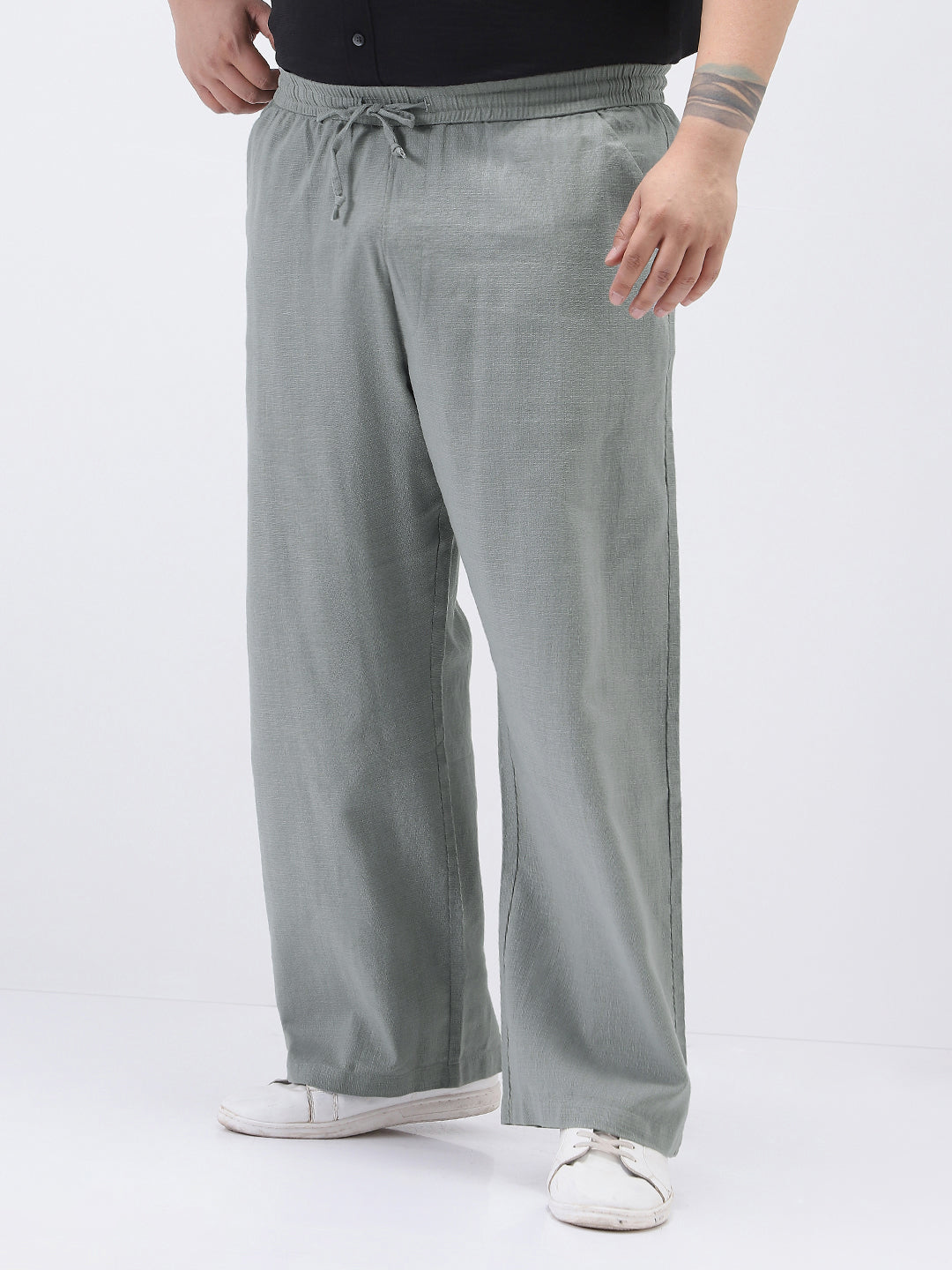 Plus Men's Grey Loose Fit Solid Linen Blend Trousers Non-Stretchable