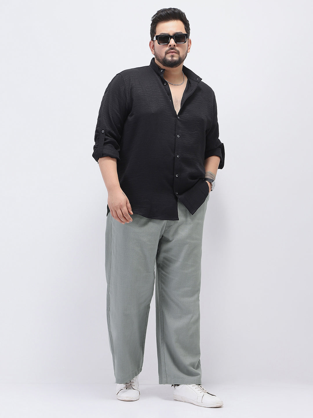 Plus Men's Grey Loose Fit Solid Linen Blend Trousers Non-Stretchable