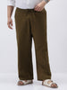 Plus Men's Khaki Loose Fit Solid Linen Blend Trousers Non-Stretchable