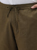 Plus Men's Khaki Loose Fit Solid Linen Blend Trousers Non-Stretchable