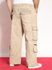 Plus Men's Dark Beige Loose Baggy Fit Travel Cargo Jeans With 8 Pockets Stretchable