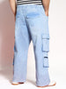 Plus Men's Ice Blue Loose Baggy Fit Travel Cargo Jeans With 8 Pockets Stretchable