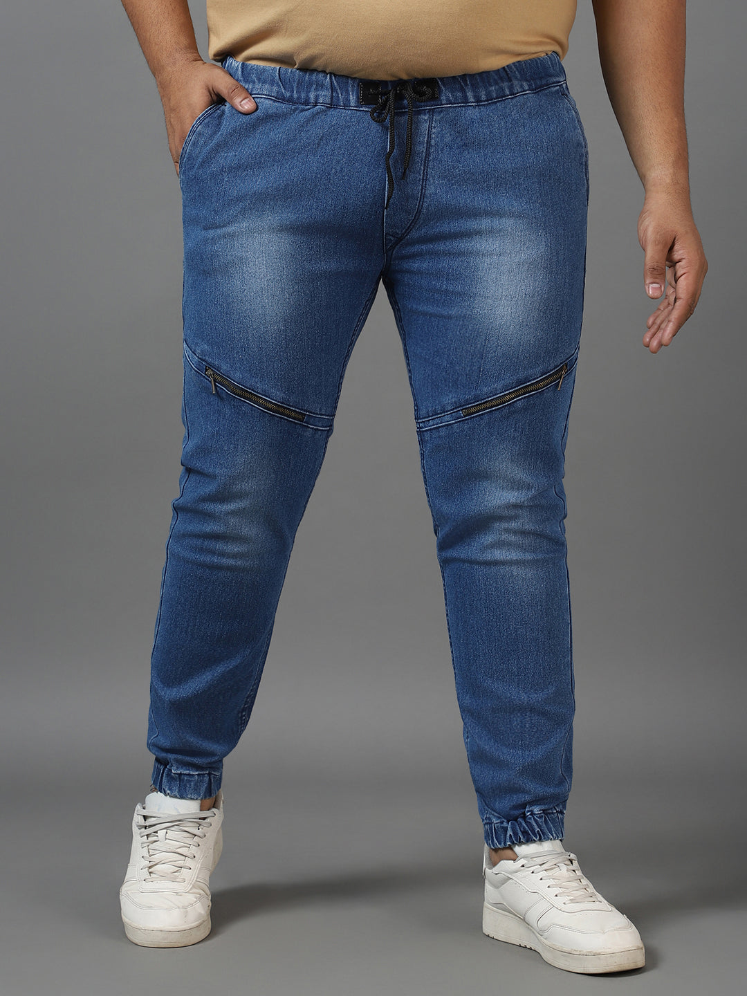 Plus Men's Blue Regular Fit Zippered Jogger Jeans Stretch