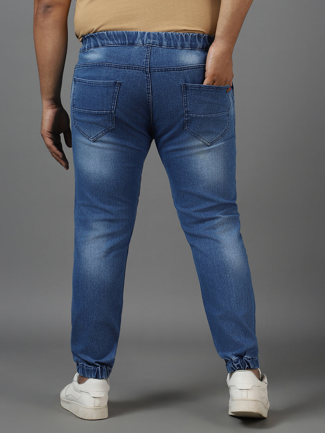 Plus Men's Blue Regular Fit Zippered Jogger Jeans Stretch