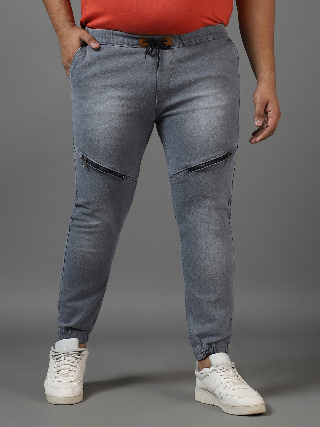 Plus Men's Grey Regular Fit Zippered Jogger Jeans Stretch