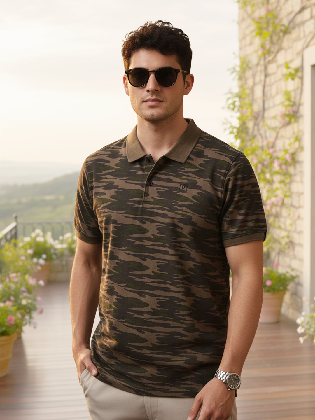 Men's Green, Dark Green Military Camouflage Printed Slim Fit Cotton Polo T-Shirt