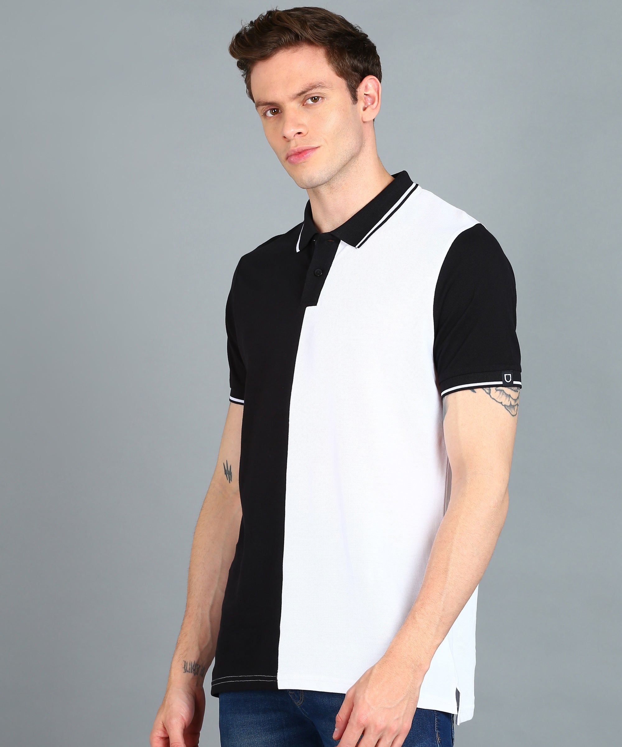 Men's White, Black Colour-Block Slim Fit Half Sleeve Cotton Polo T-Shirt