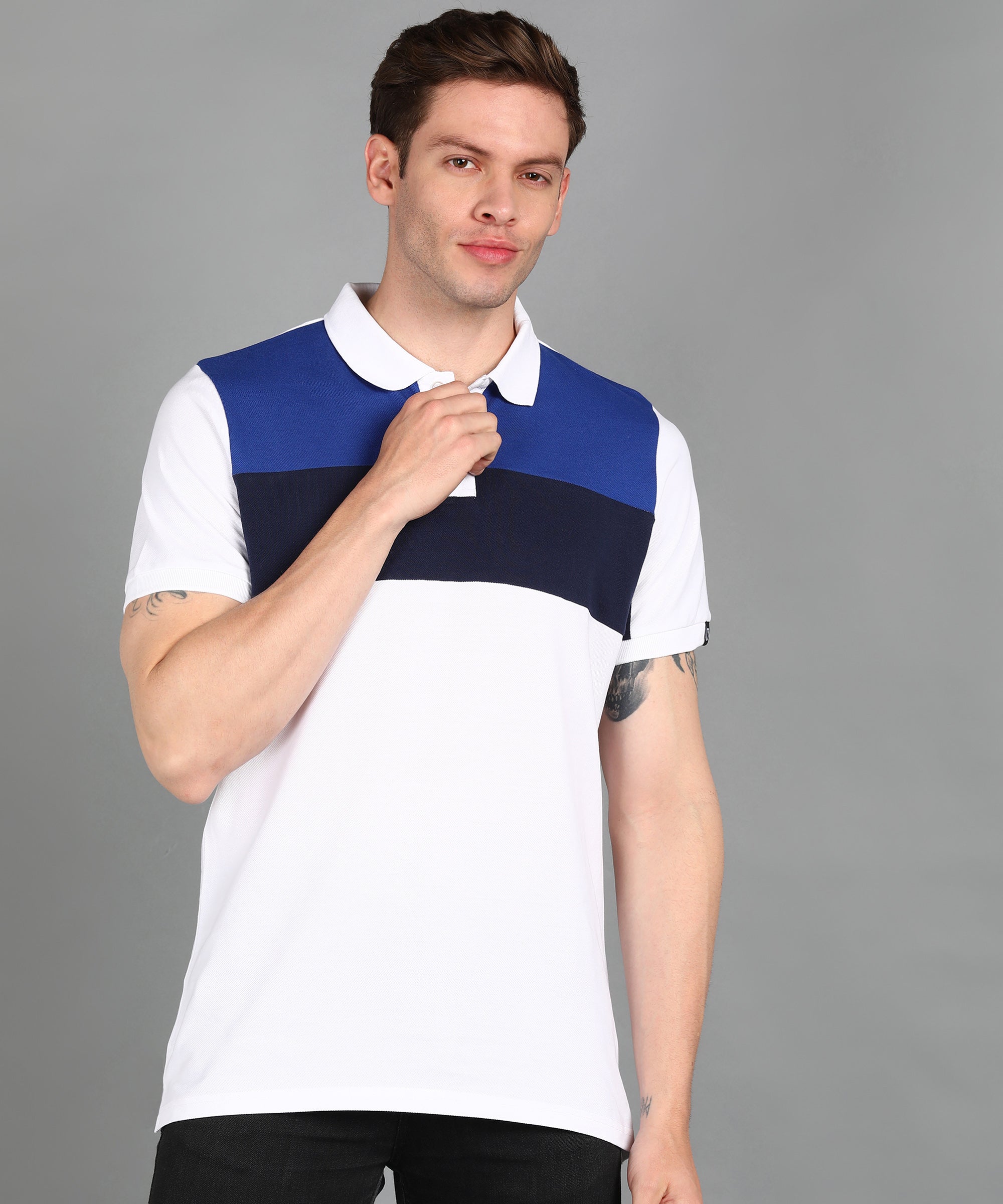 Urbano Fashion Men's White, Dark Blue, Royal Blue Colour-Block Slim Fit Half Sleeve Cotton Polo T-Shirt