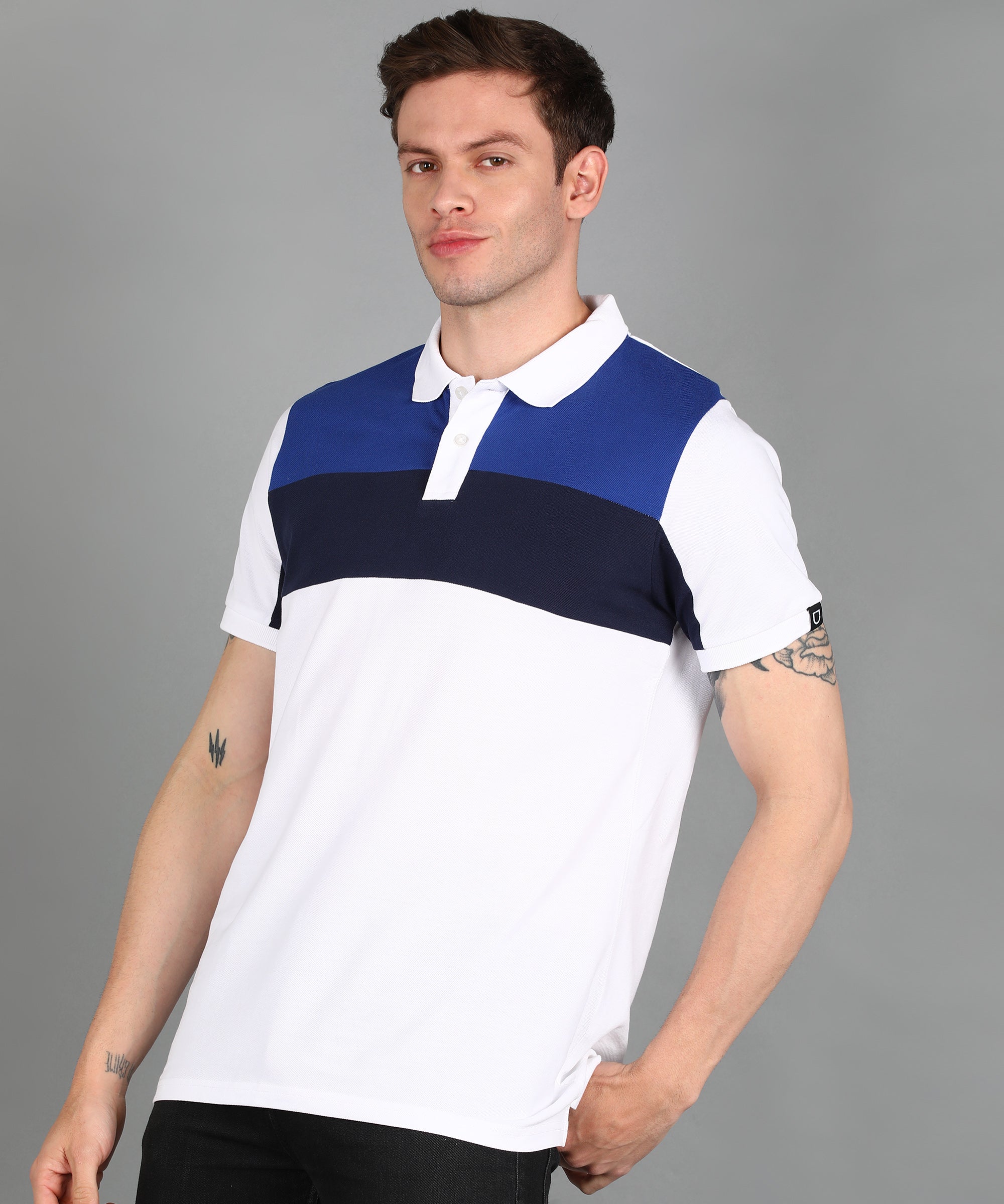Men's White, Dark Blue, Royal Blue Colour-Block Slim Fit Half Sleeve Cotton Polo T-Shirt
