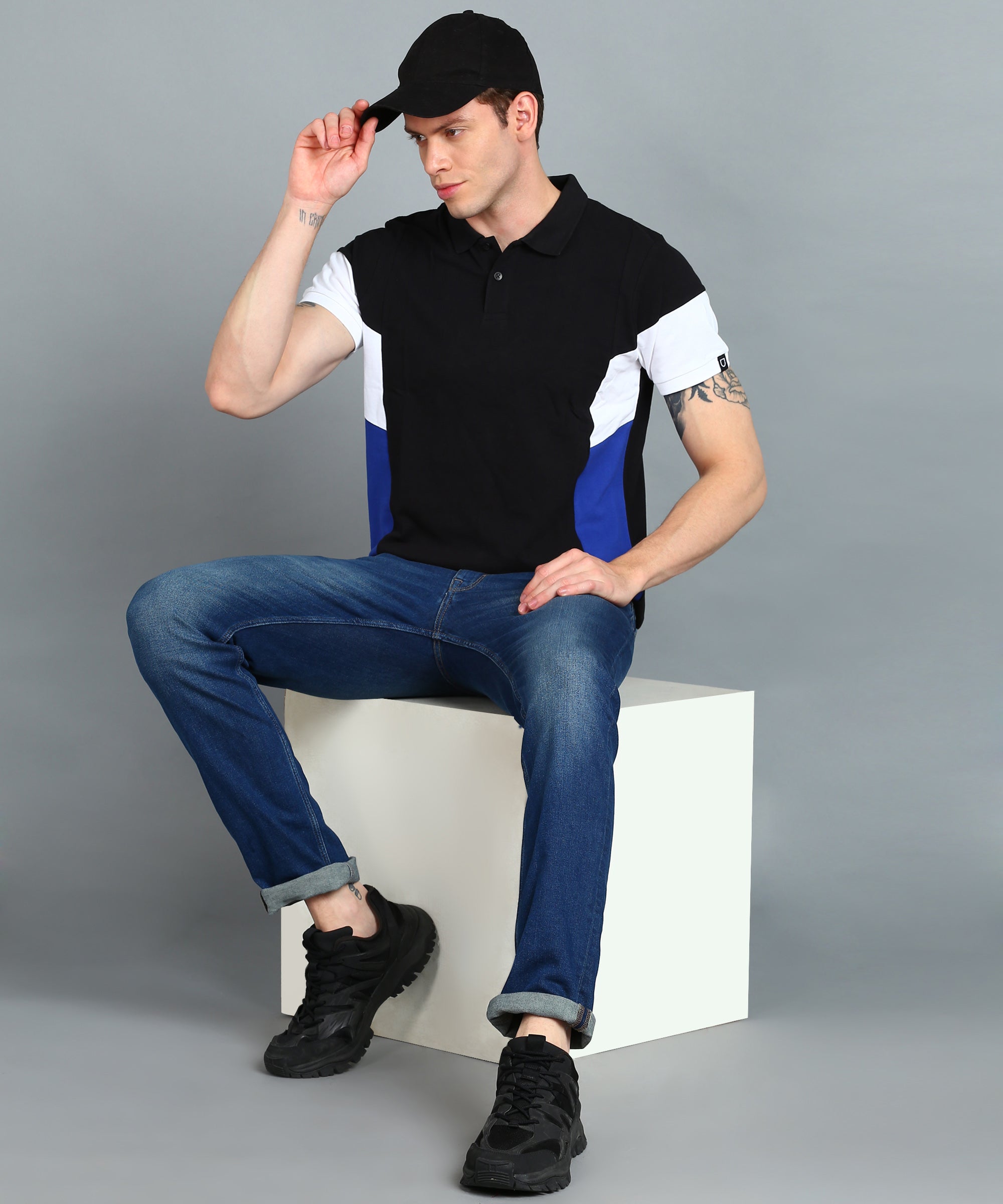 Urbano Fashion Men's Black, White, Royal Blue Colour-Block Slim Fit Half Sleeve Cotton Polo T-Shirt