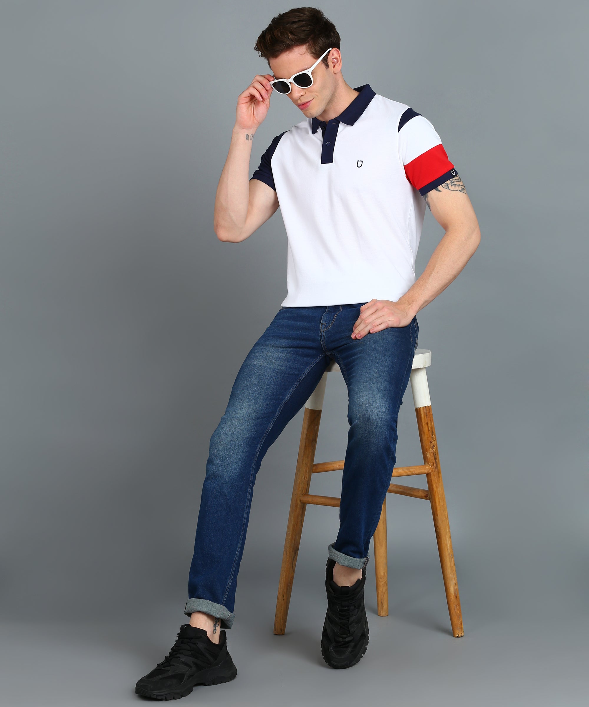 Men's White, Navy Blue, Red Colour-Block Slim Fit Half Sleeve Cotton Polo T-Shirt