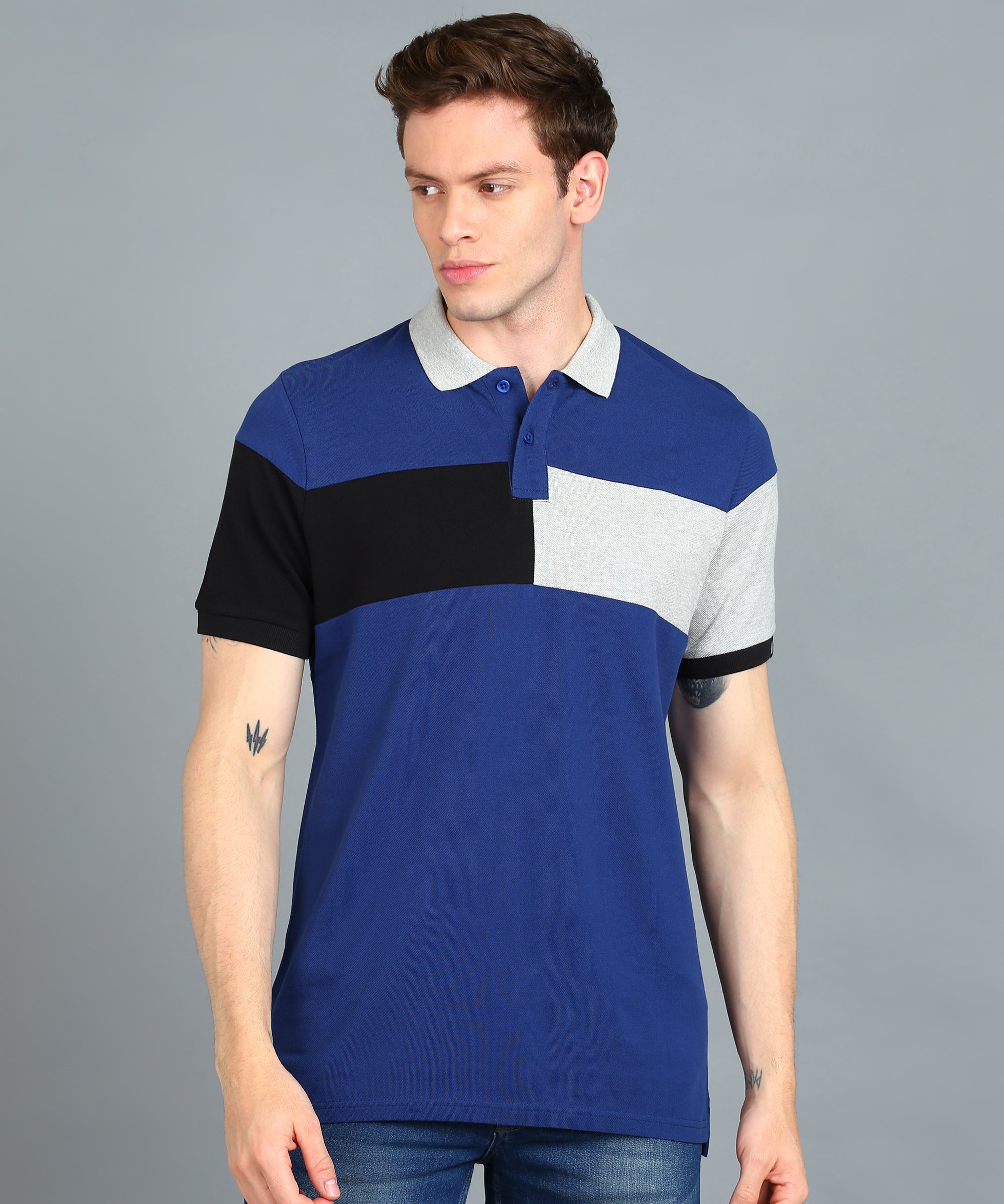 Urbano Fashion Men's Dark Blue, Black, Grey Melange Colour-Block Slim Fit Half Sleeve Cotton Polo T-Shirt