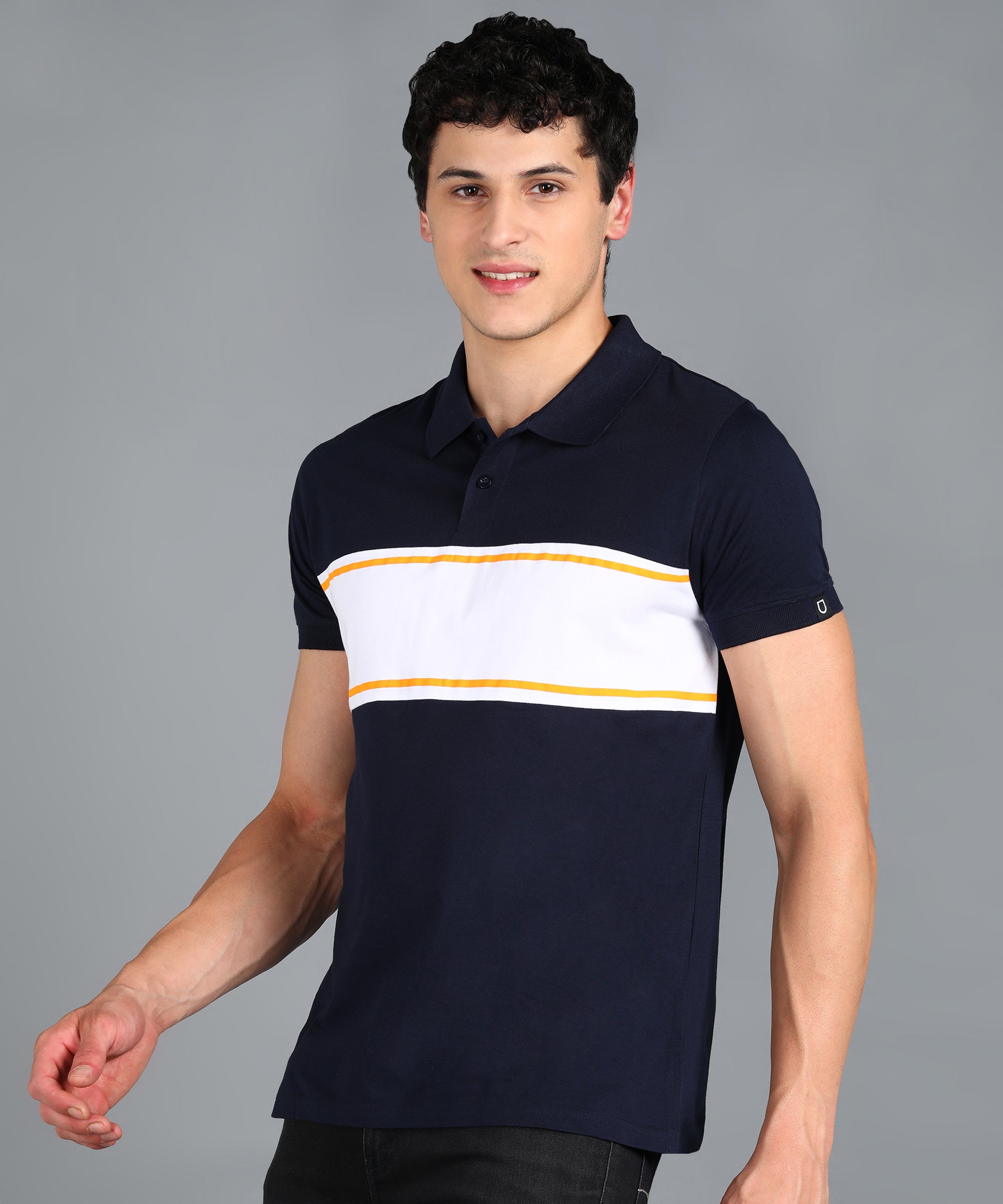 Urbano Fashion Men's Navy Blue, White, Gold Colour-Block Slim Fit Half Sleeve Cotton Polo T-Shirt