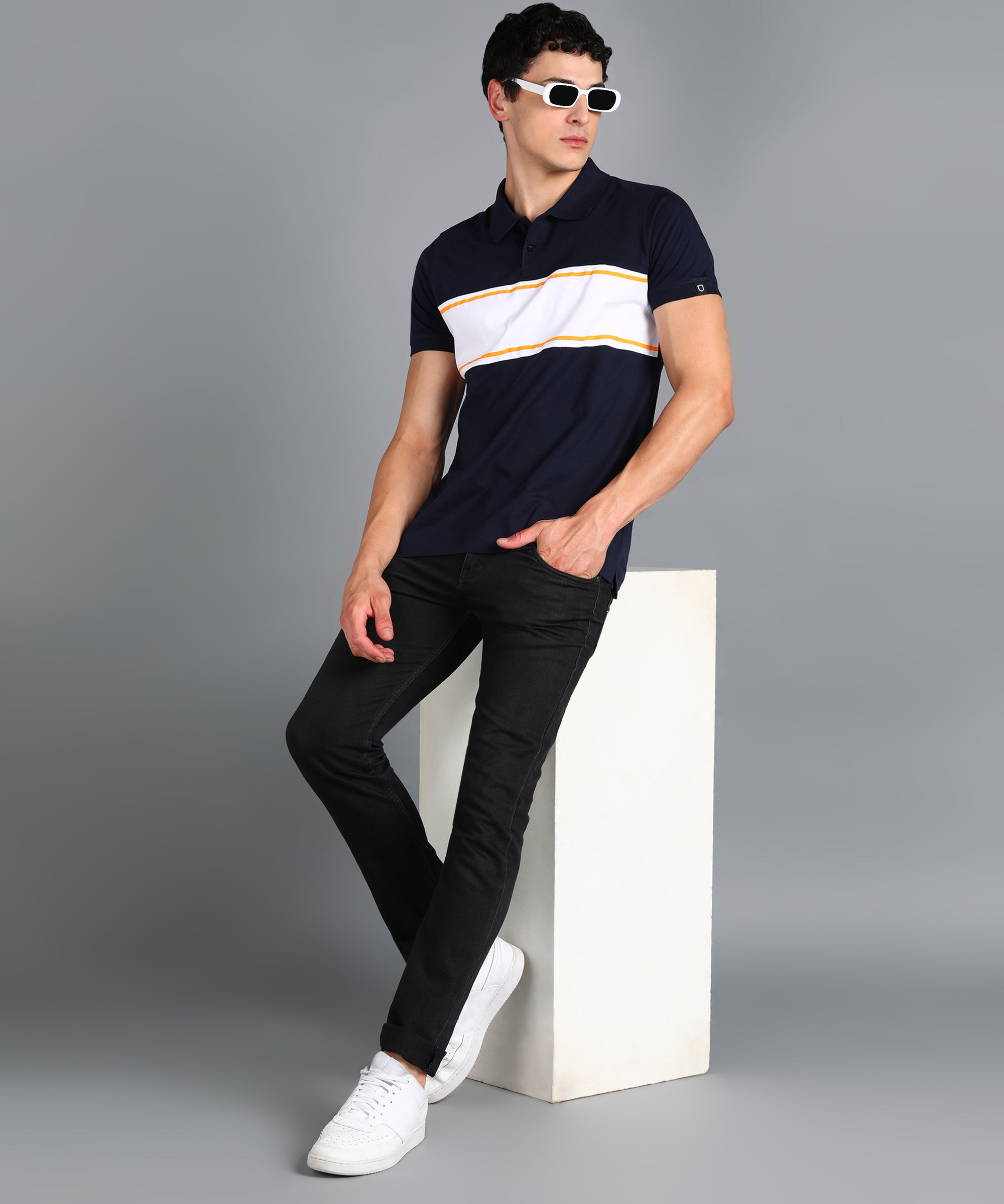 Urbano Fashion Men's Navy Blue, White, Gold Colour-Block Slim Fit Half Sleeve Cotton Polo T-Shirt