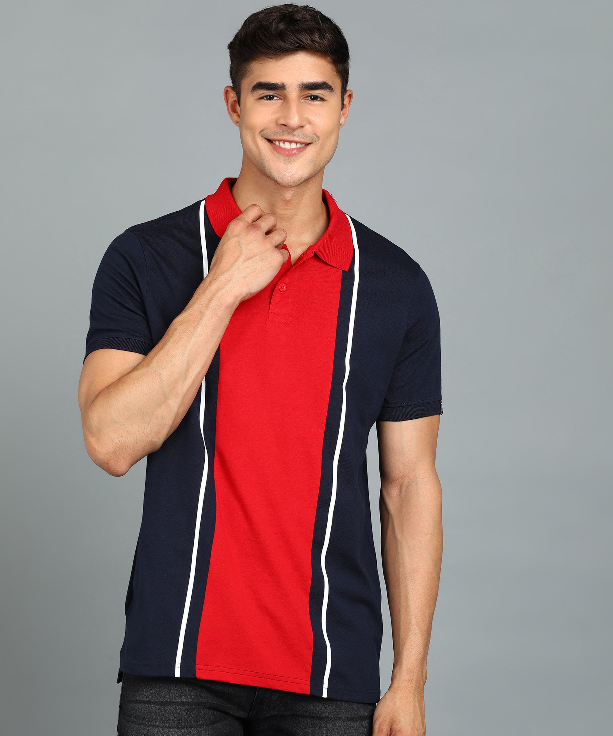 Men's Navy Blue, Red, White Colour-Block Slim Fit Half Sleeve Cotton Polo T-Shirt