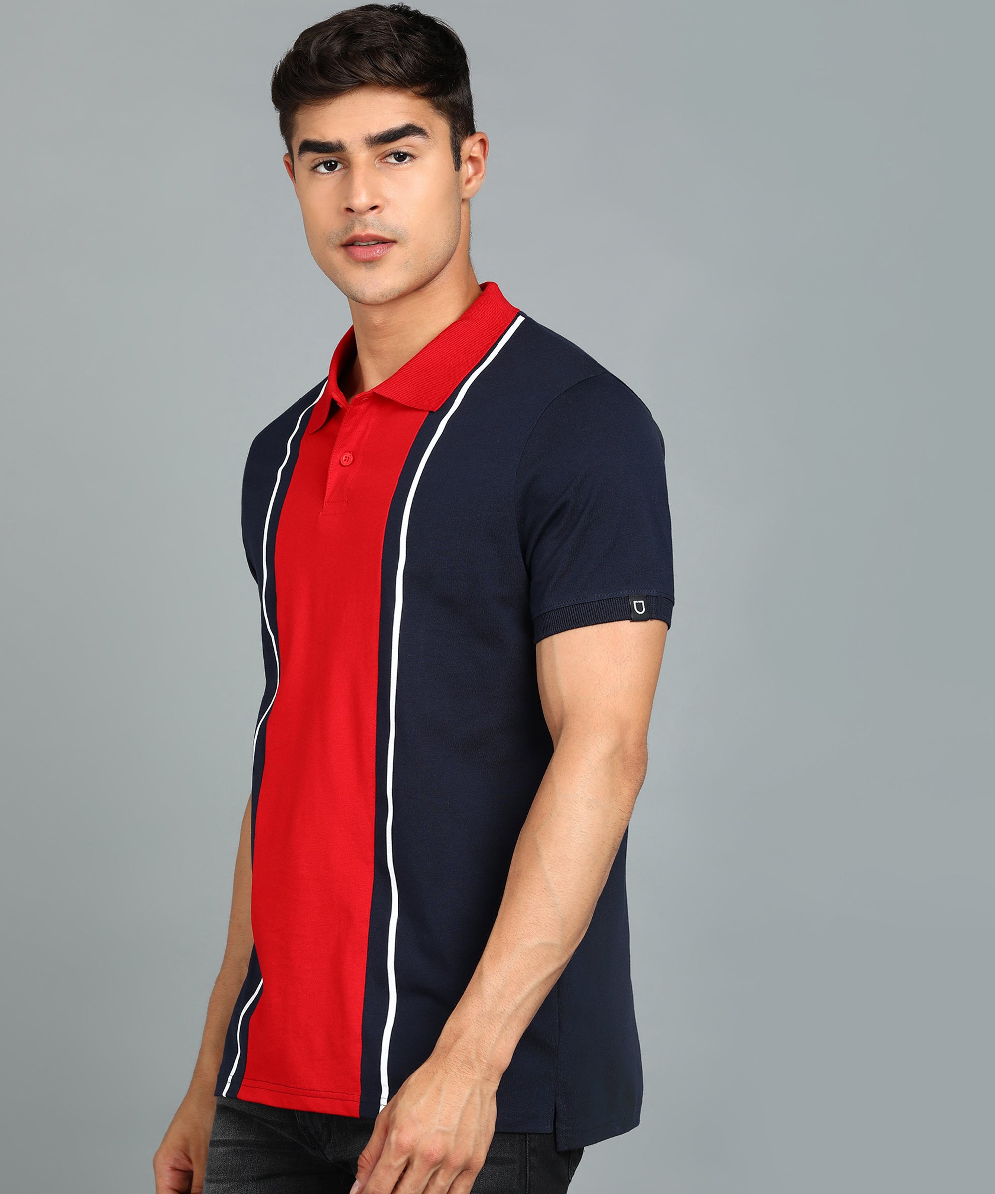 Men's Navy Blue, Red, White Colour-Block Slim Fit Half Sleeve Cotton Polo T-Shirt