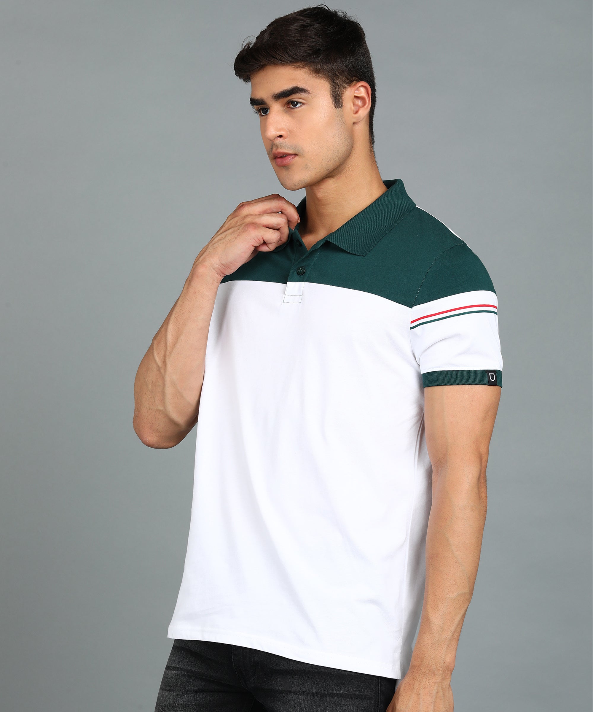 Urbano Fashion Men's White, Green Colour-Block Slim Fit Half Sleeve Cotton Polo T-Shirt