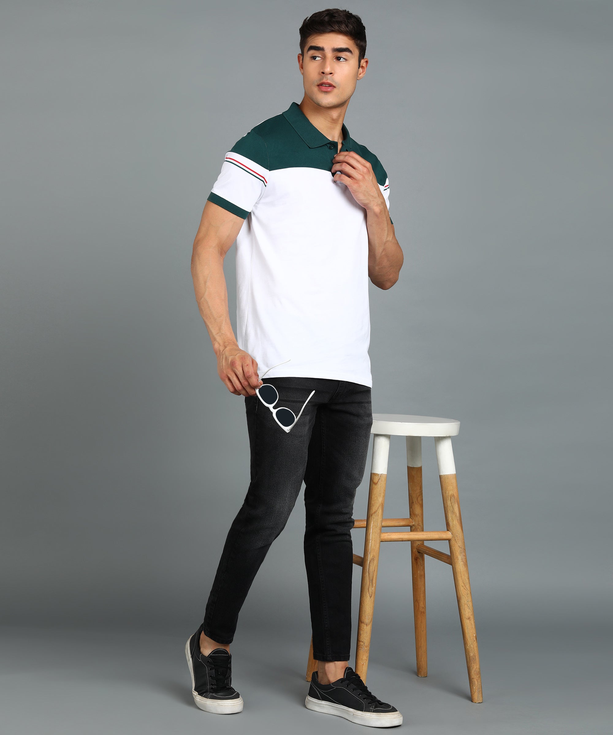 Urbano Fashion Men's White, Green Colour-Block Slim Fit Half Sleeve Cotton Polo T-Shirt