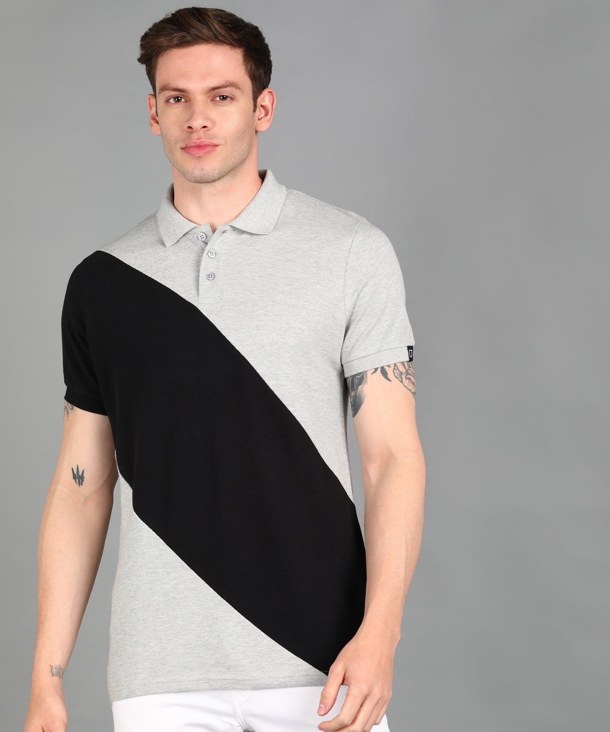 Urbano Fashion Men's Grey Melange, Black Colour-Block Slim Fit Half Sleeve Cotton Polo T-Shirt