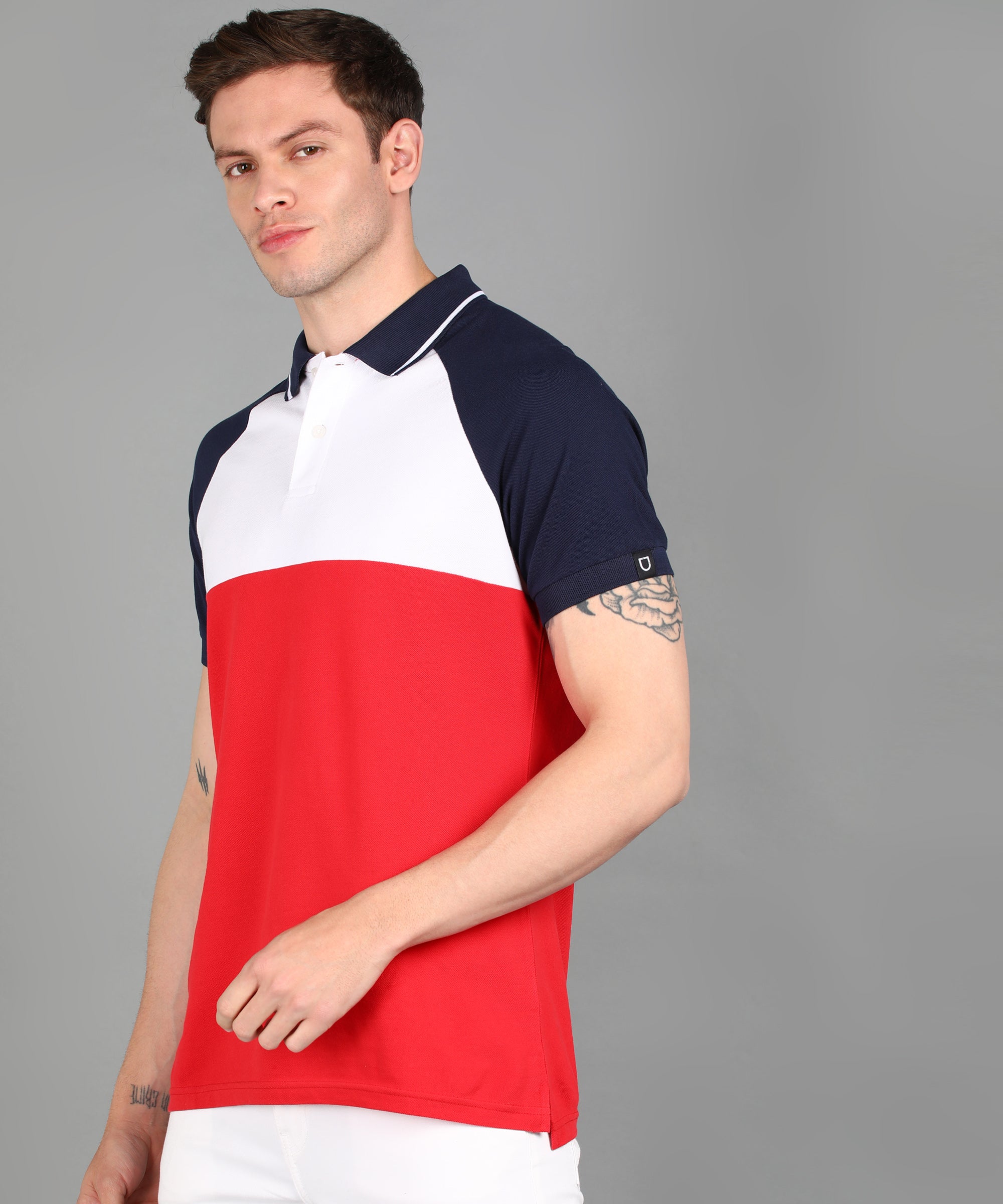 Urbano Fashion Men's White, Navy, Red Colour-Block Slim Fit Half Sleeve Cotton Polo T-Shirt