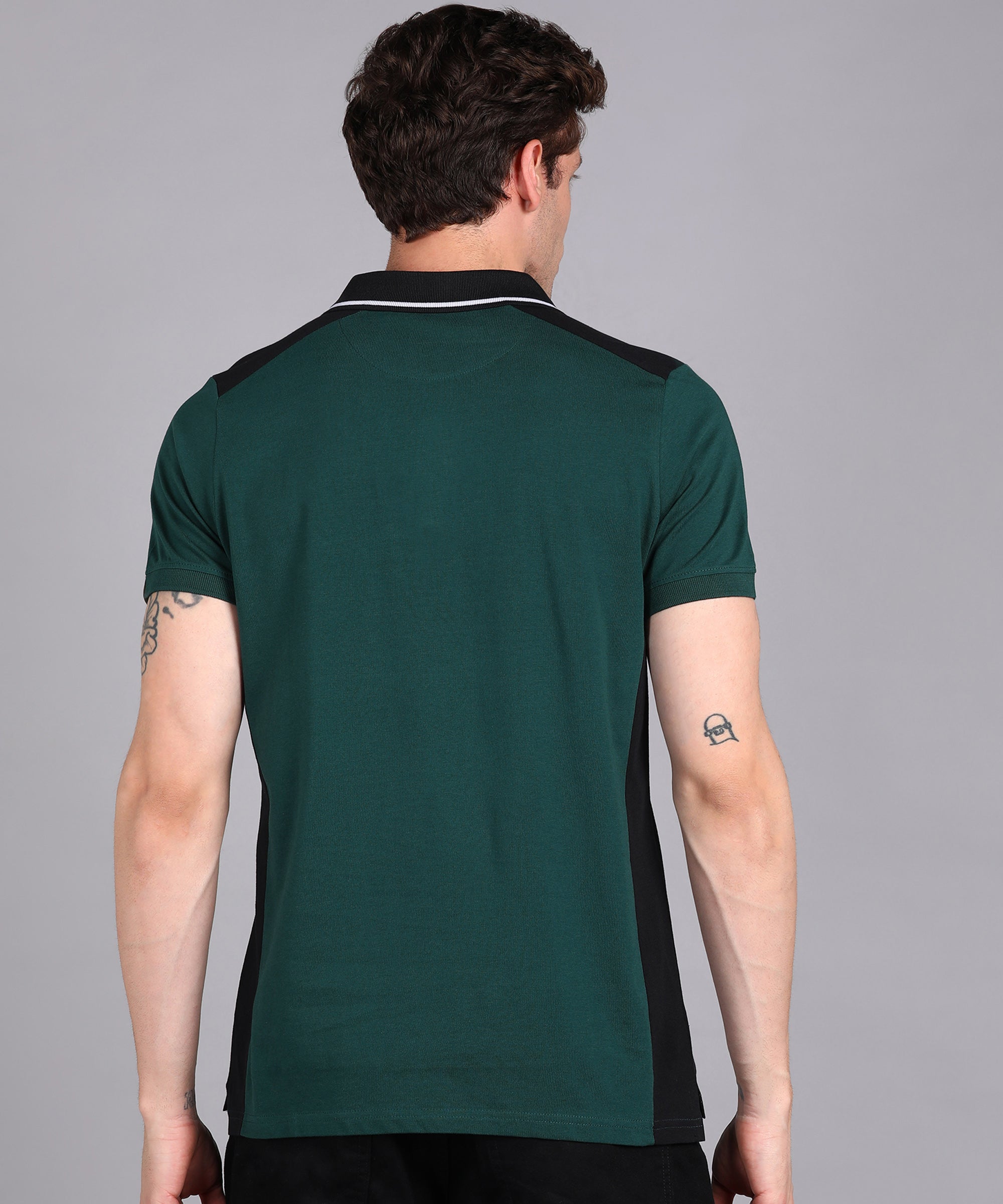 Men's Green, Black Colour-Block Slim Fit Half Sleeve Cotton Polo T-Shirt