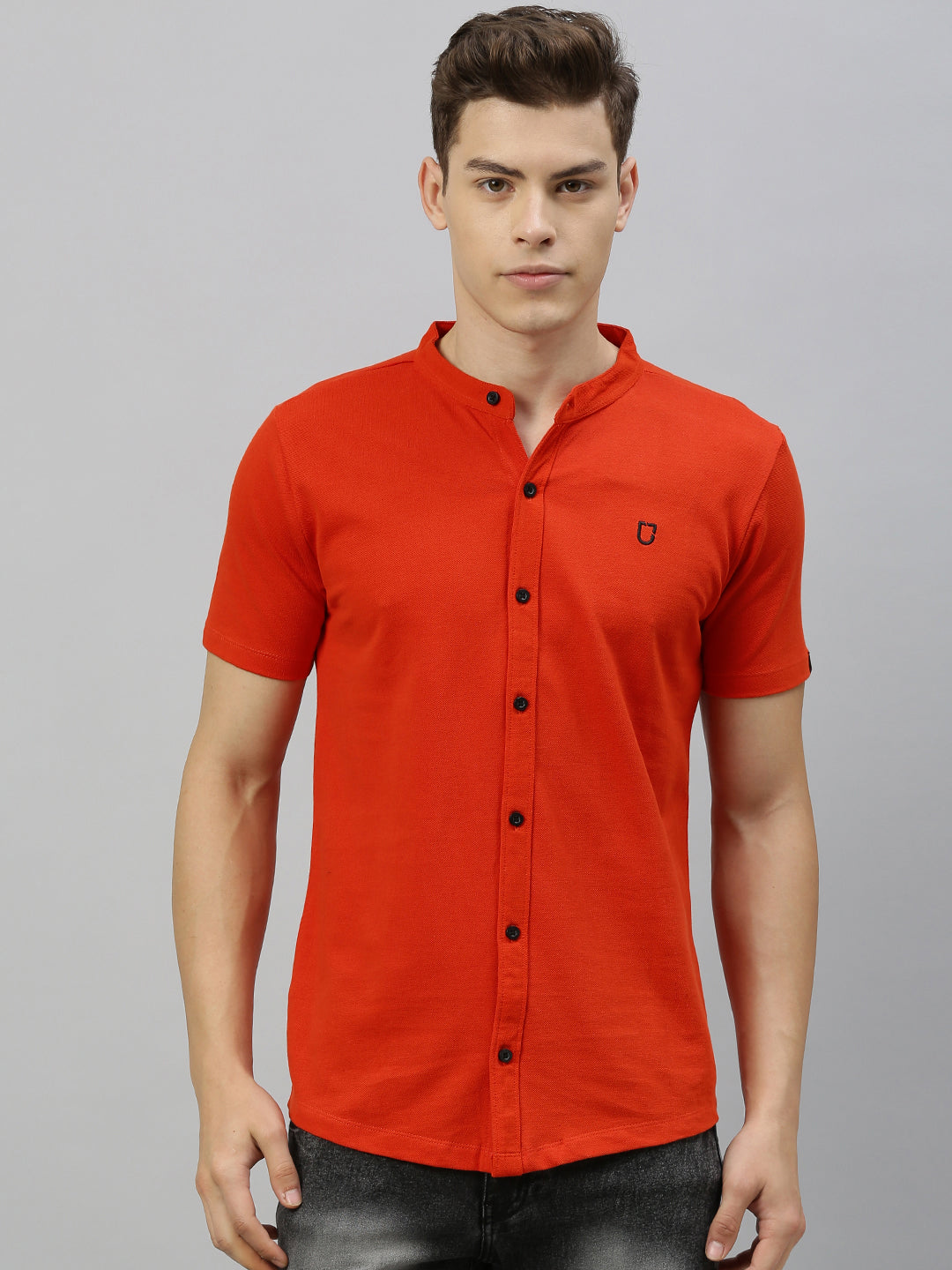 Men Rust Orange Slim Fit Solid Casual Shirt