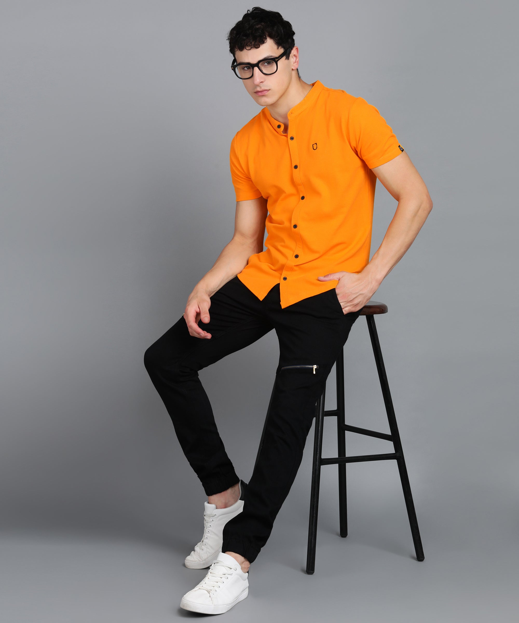 Men's Solid Cotton Slim Fit Polo Shirt with Mandarin Collar