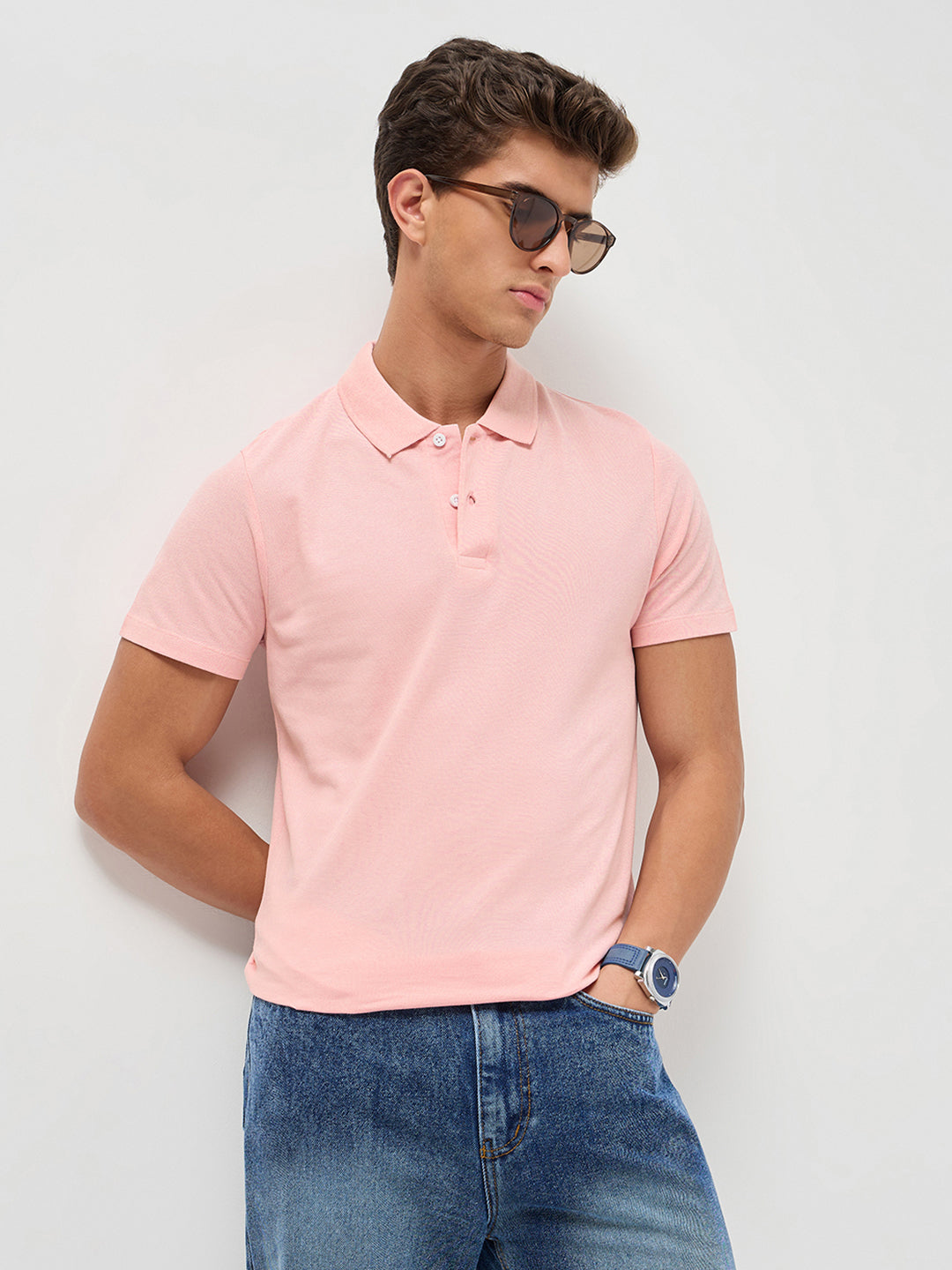 Men's Dusty Pink Solid Regular Fit Half Sleeve Cotton Polo T-Shirt