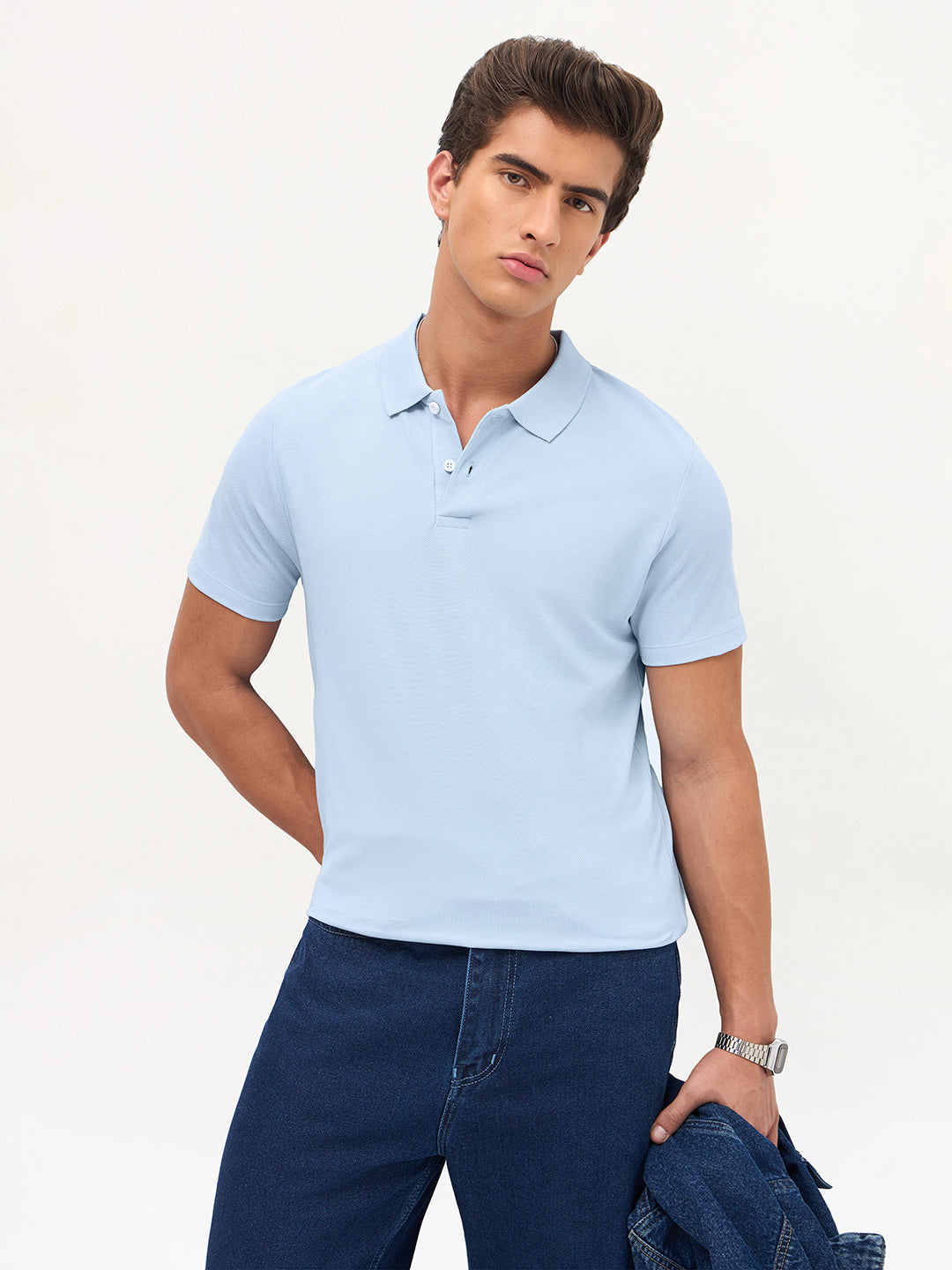 Men's Light Sky Blue Solid Regular Fit Half Sleeve Cotton Polo T-Shirt
