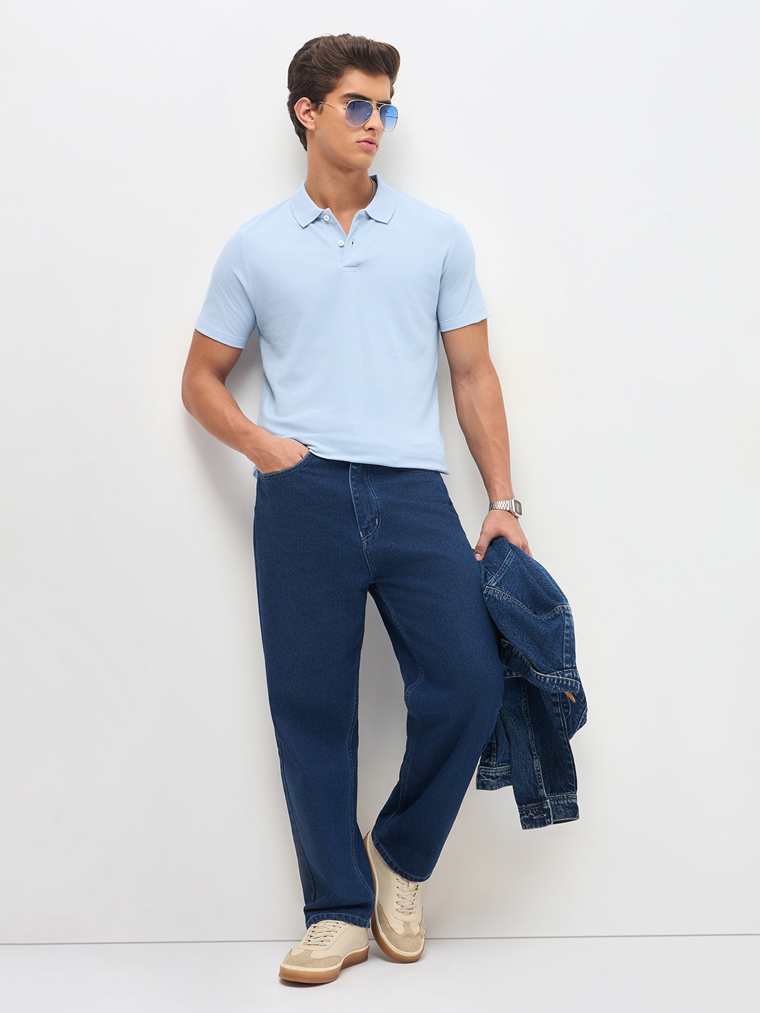 Men's Light Sky Blue Solid Regular Fit Half Sleeve Cotton Polo T-Shirt