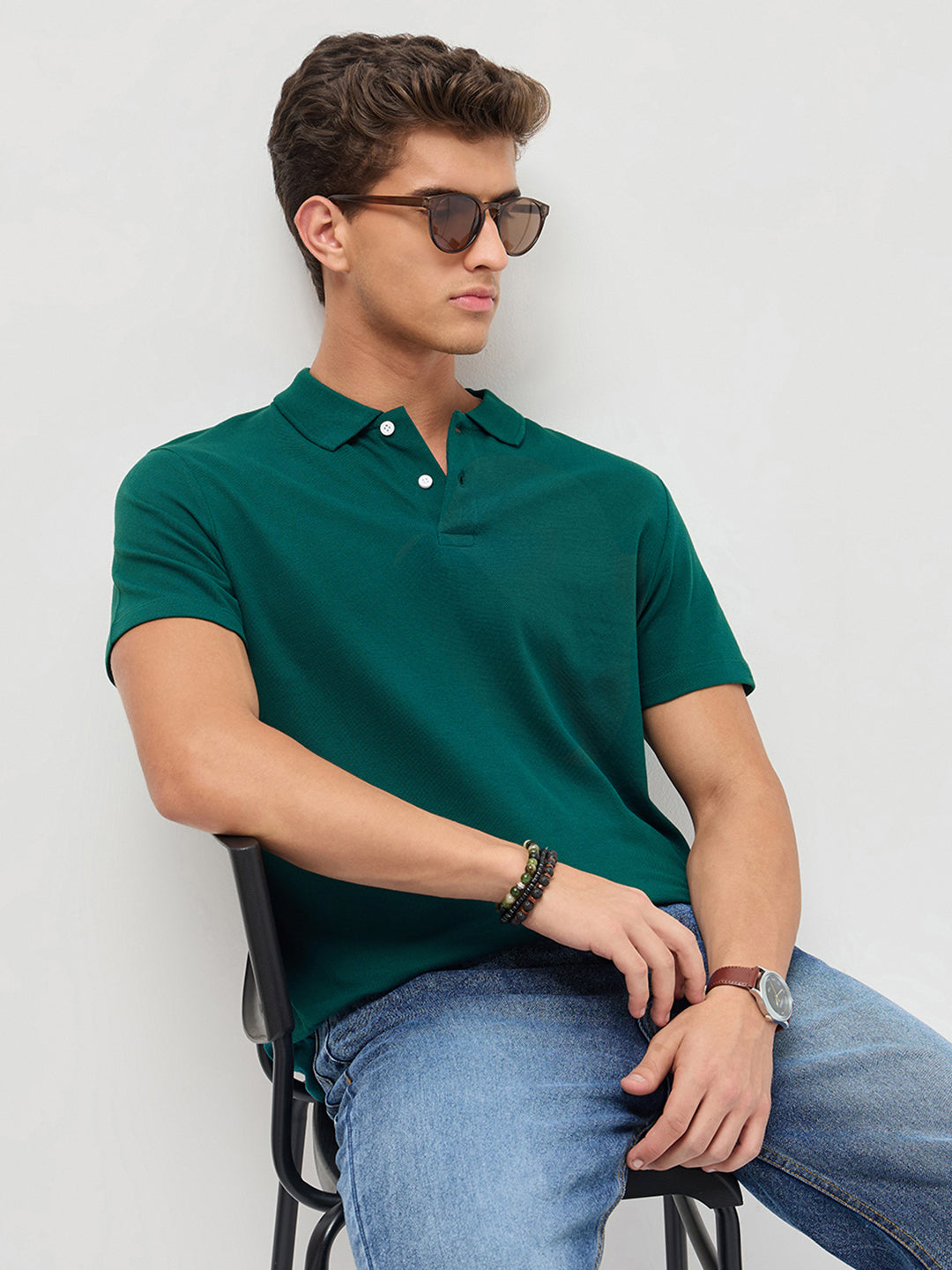 Men's Teal Green Solid Regular Fit Half Sleeve Cotton Polo T-Shirt