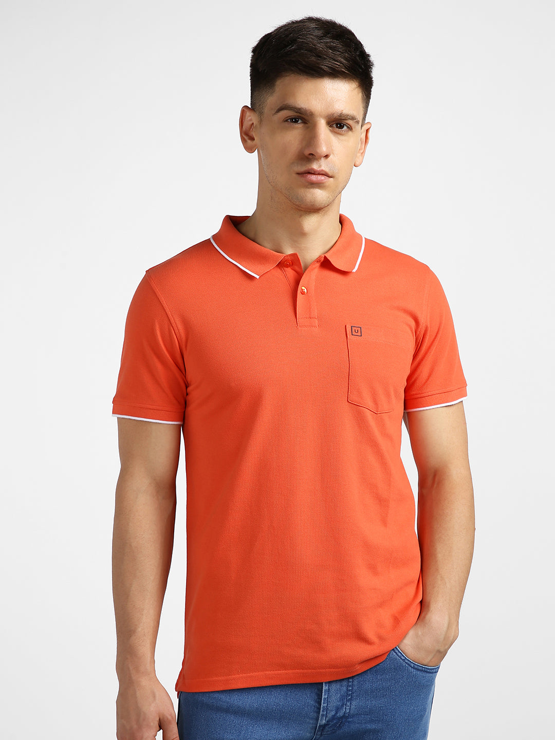 Urbano Fashion Men's Orange Solid Slim Fit Half Sleeve Cotton Polo T-Shirt