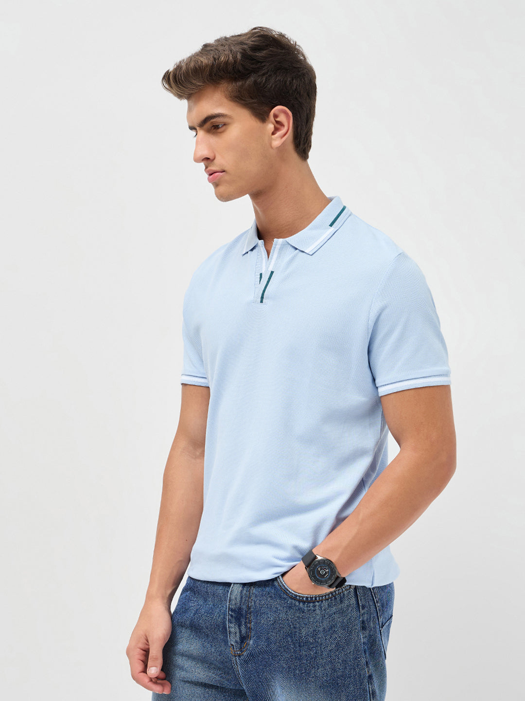 Men's Light Sky Blue Solid Regular Fit Half Sleeve Cotton Polo T-Shirt