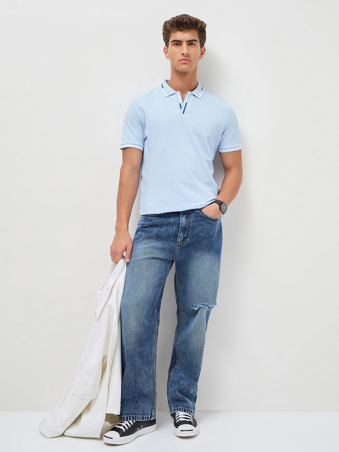 Men's Light Sky Blue Solid Regular Fit Half Sleeve Cotton Polo T-Shirt
