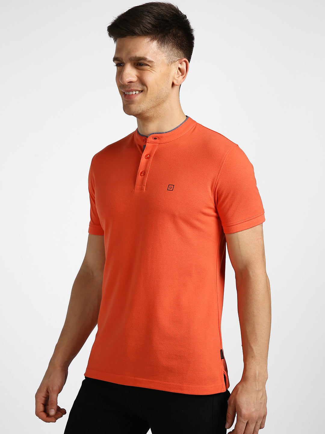 Men's Orange Solid Slim Fit Half Sleeve Cotton Polo T-Shirt with Mandarin Collar