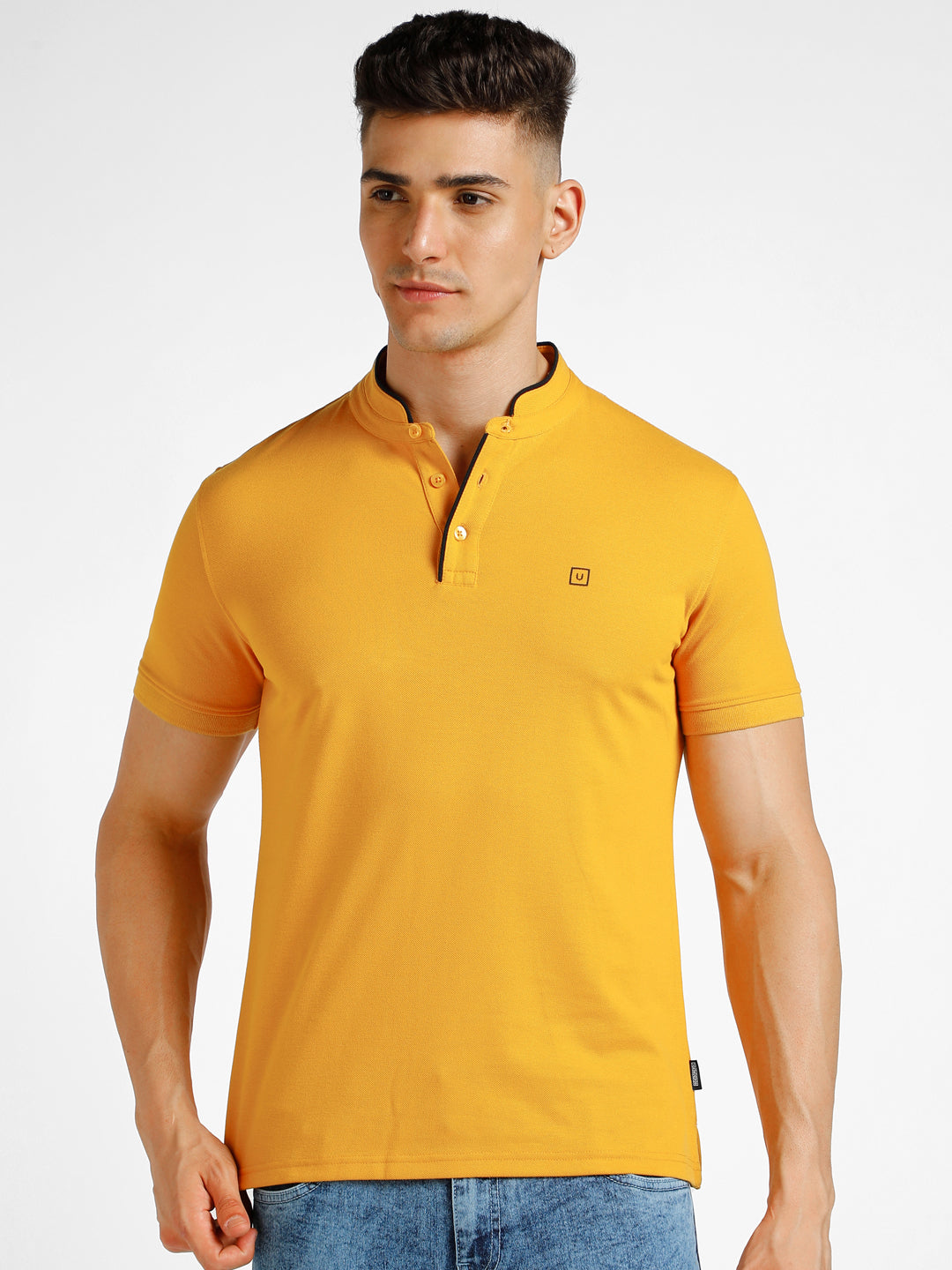 Men's Yellow Solid Slim Fit Half Sleeve Cotton Polo T-Shirt with Mandarin Collar