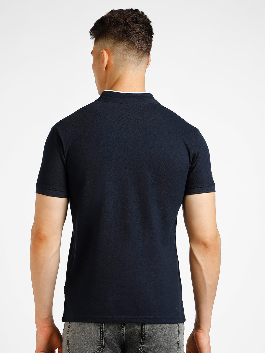 Urbano Fashion Men's Blue Solid Slim Fit Half Sleeve Cotton Polo T-Shirt with Mandarin Collar