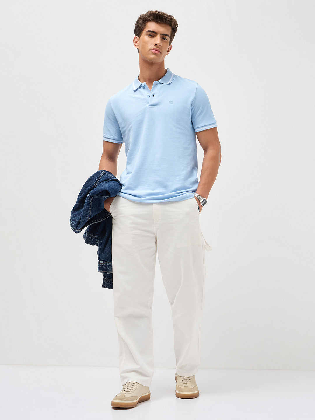 Men's Light Sky Blue Solid Regular Fit Half Sleeve Cotton Polo T-Shirt