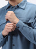 Men's Blue Cotton Full Sleeve Relaxed Fit Shacket with Utility Pockets