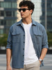 Men's Blue Cotton Full Sleeve Relaxed Fit Shacket with Utility Pockets