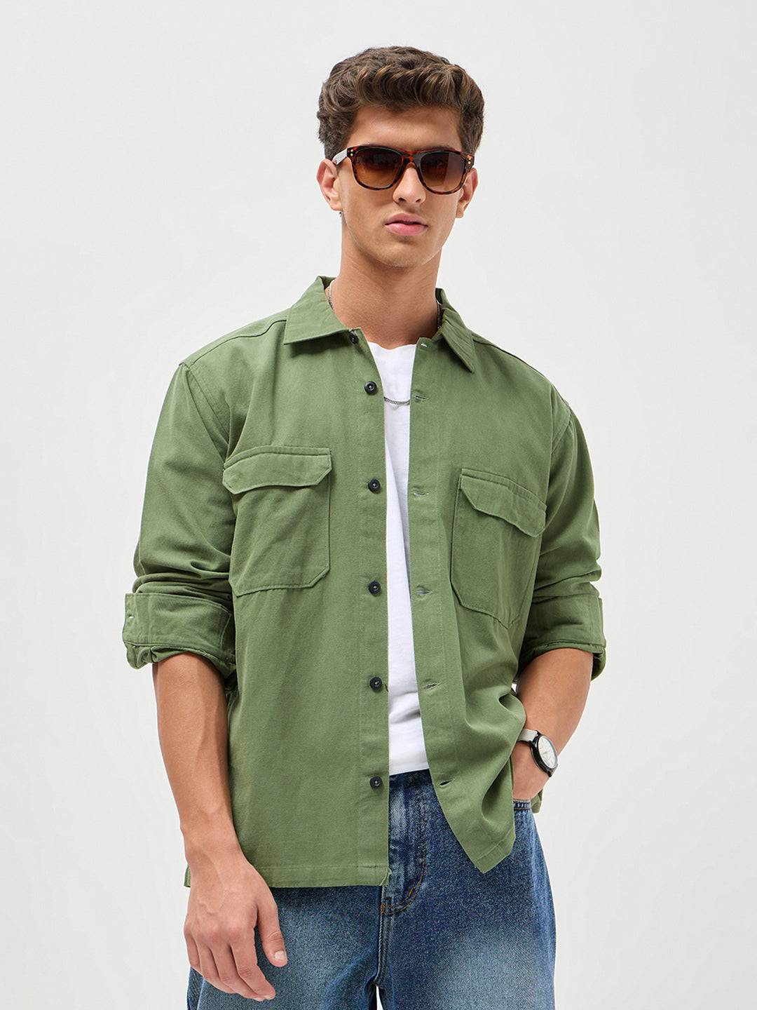 Men's Green Cotton Full Sleeve Relaxed Fit Shacket with Utility Pockets