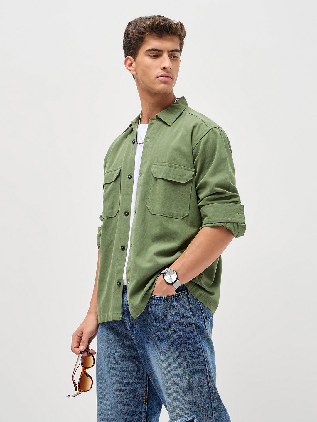 Men's Green Cotton Full Sleeve Relaxed Fit Shacket with Utility Pockets