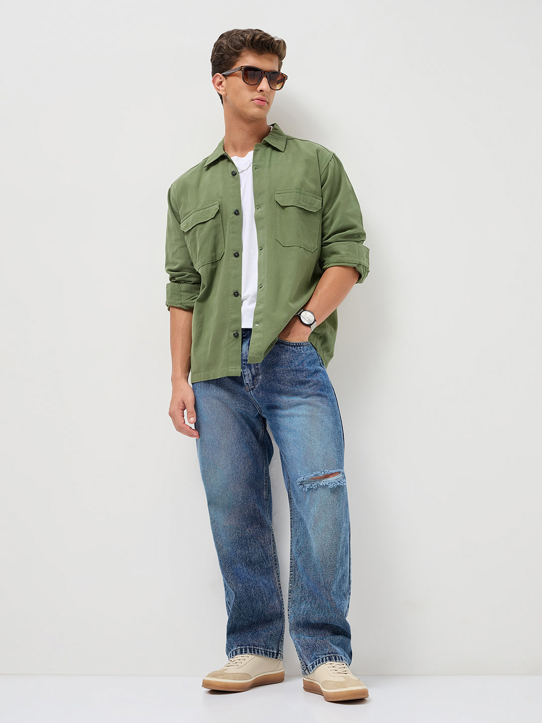 Men's Green Cotton Full Sleeve Relaxed Fit Shacket with Utility Pockets
