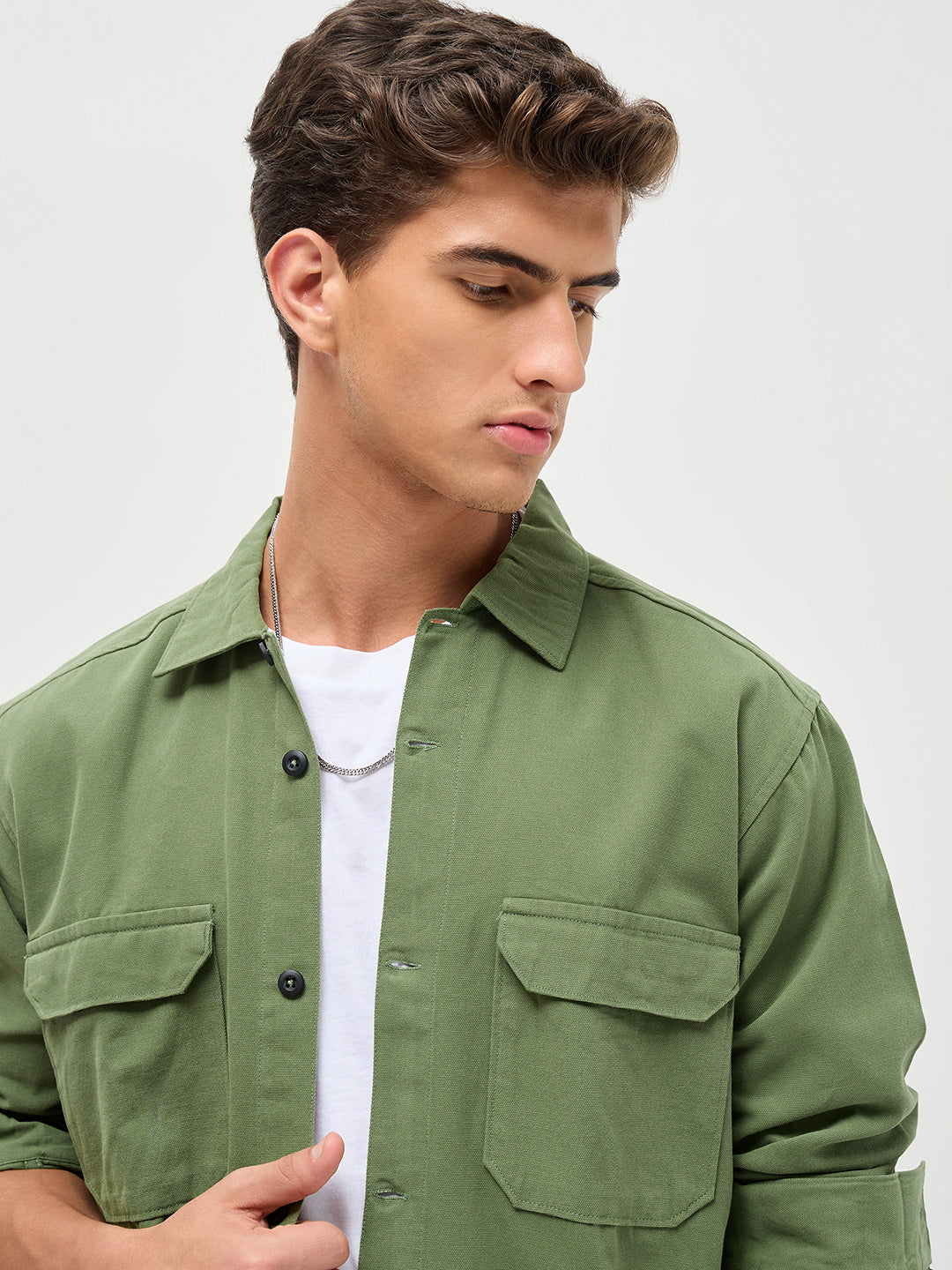 Men's Green Cotton Full Sleeve Relaxed Fit Shacket with Utility Pockets