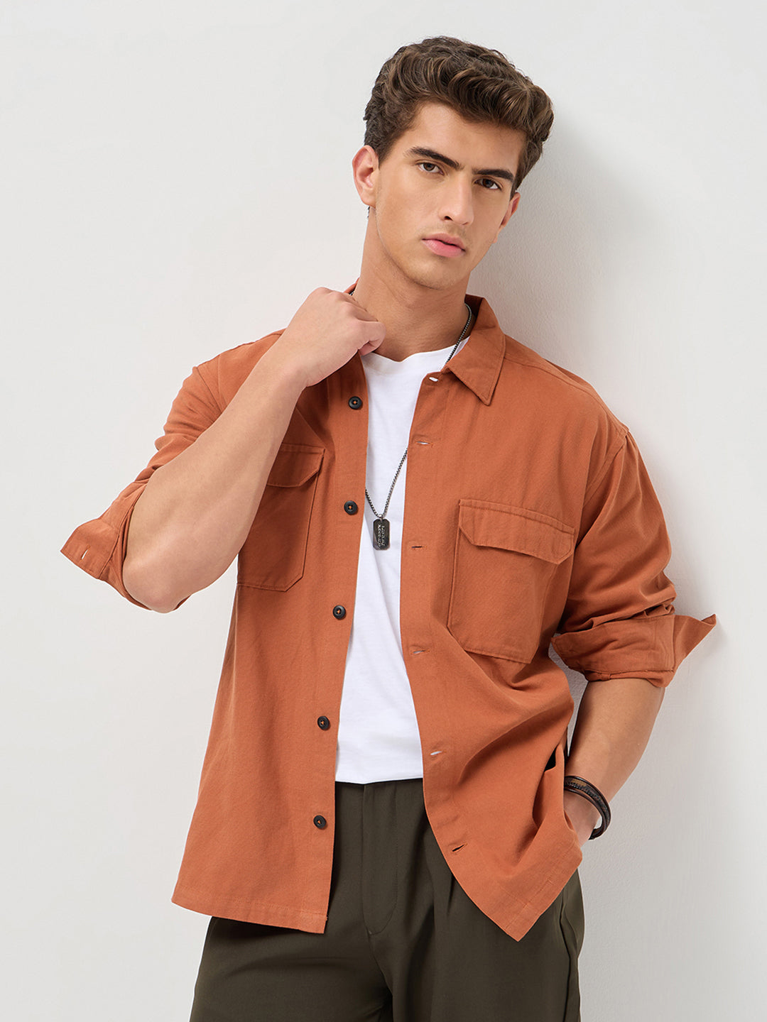 Men's Rust Cotton Full Sleeve Relaxed Fit Shacket with Utility Pockets