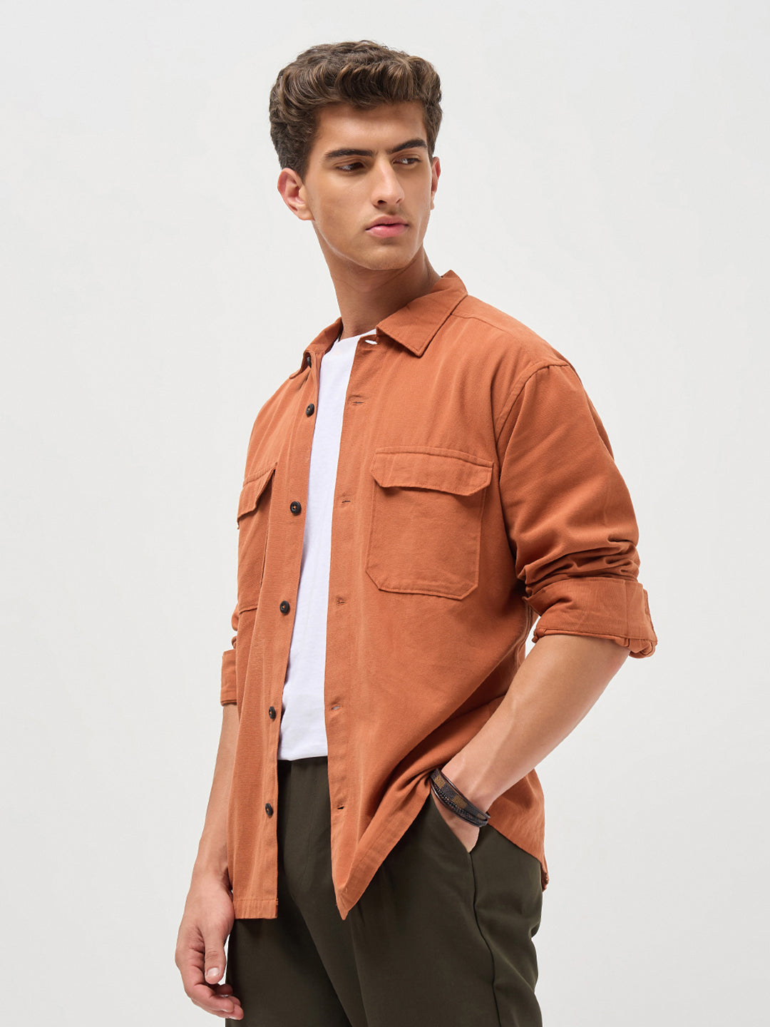 Men's Rust Cotton Full Sleeve Relaxed Fit Shacket with Utility Pockets