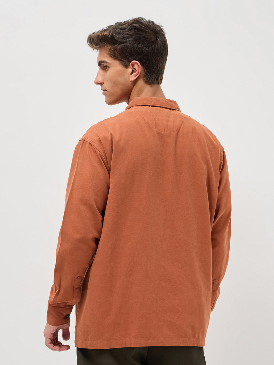 Men's Rust Cotton Full Sleeve Relaxed Fit Shacket with Utility Pockets