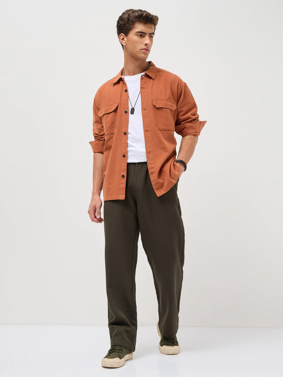 Men's Rust Cotton Full Sleeve Relaxed Fit Shacket with Utility Pockets
