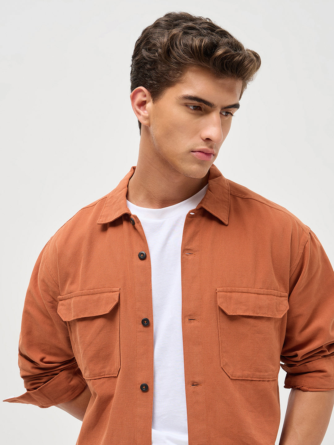 Men's Rust Cotton Full Sleeve Relaxed Fit Shacket with Utility Pockets