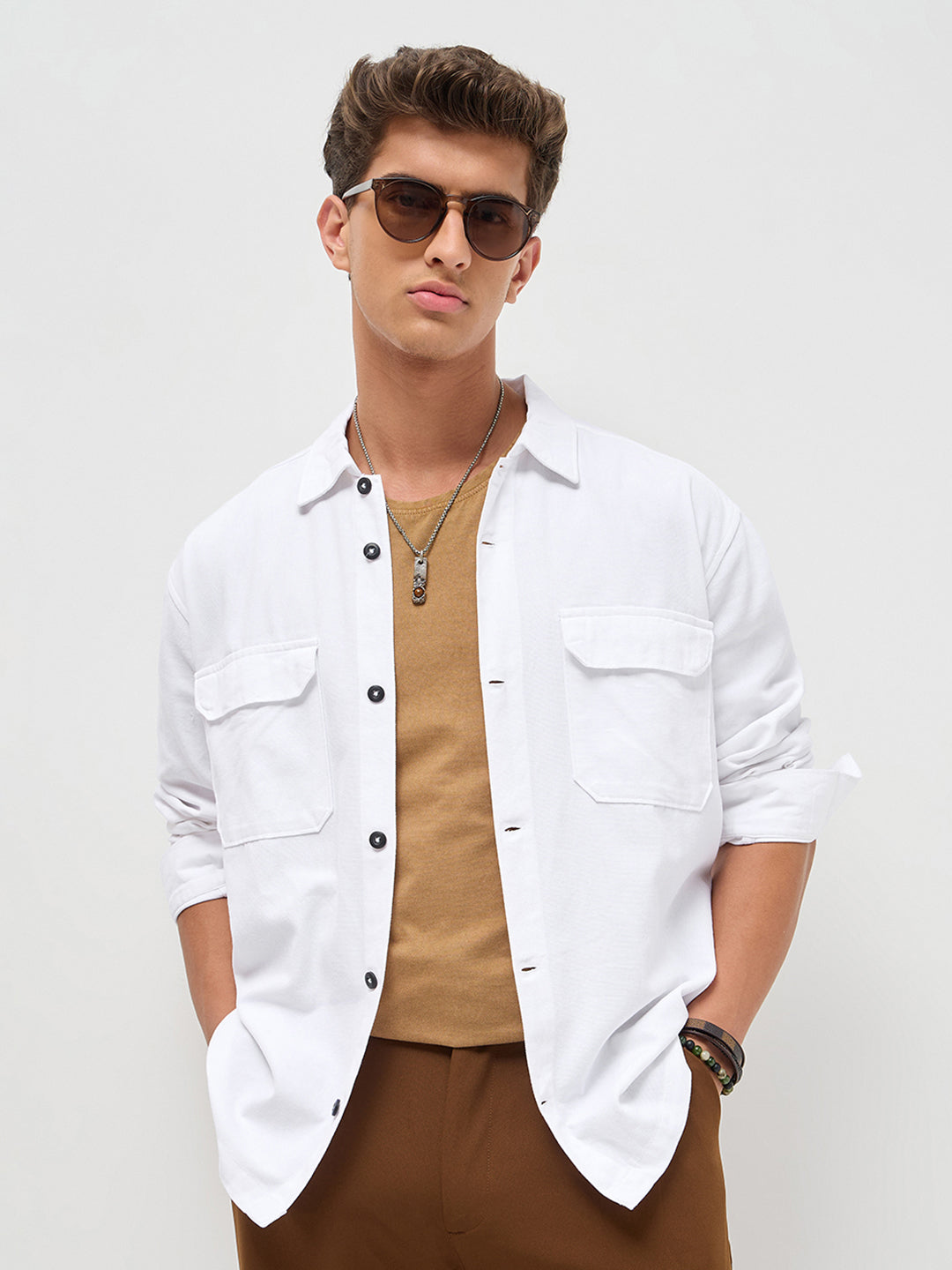 Men's White Cotton Full Sleeve Relaxed Fit Shacket with Utility Pockets